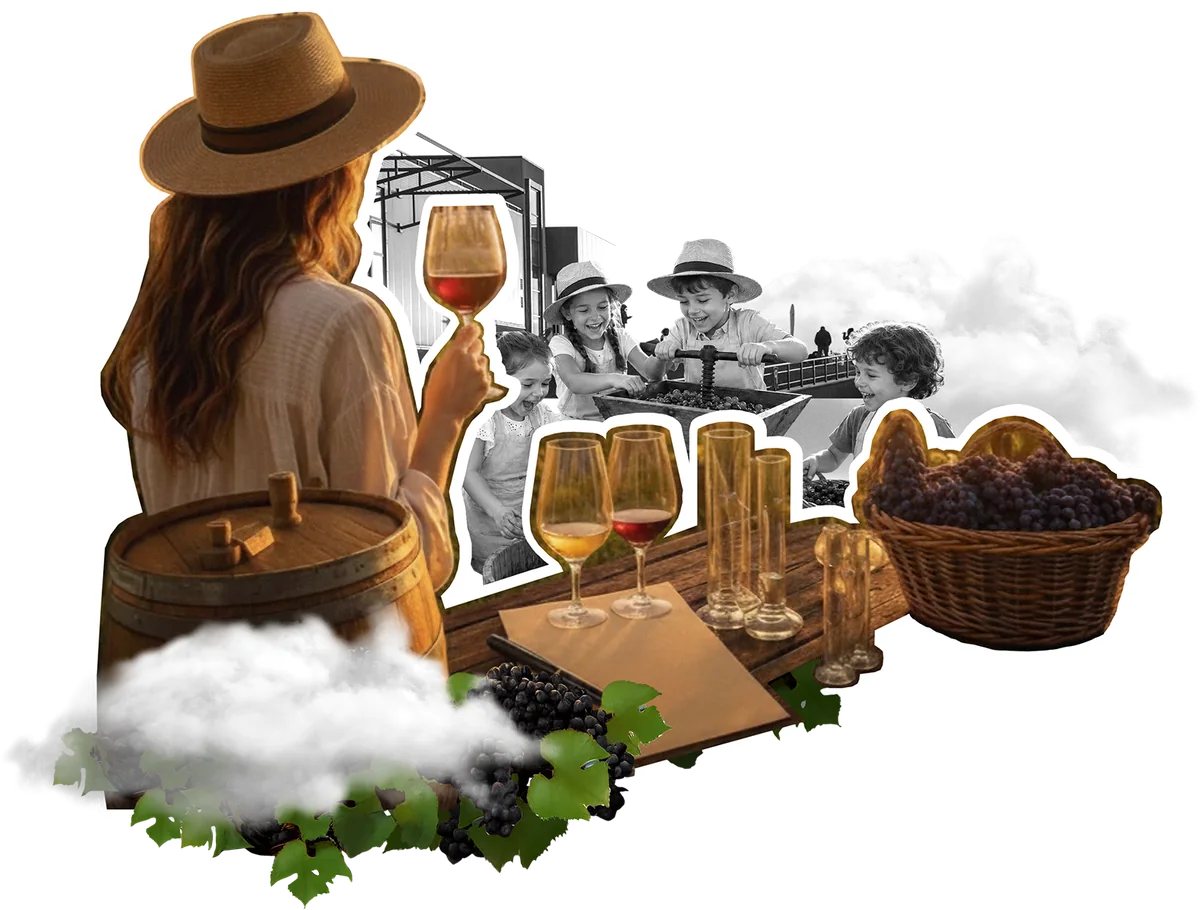 Colaj: o femeie cu pahar de vin în podgorie, copii la teasc, coș cu struguri și pahare pe masa de degustare